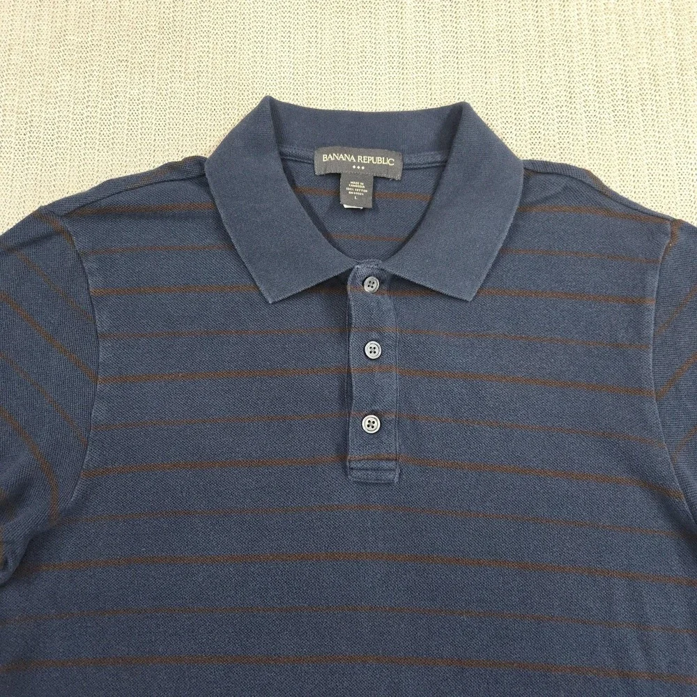 Banana Republic Polo Shirt Mens Large Blue Stripe 100% Cotton Short‎ Sleeve